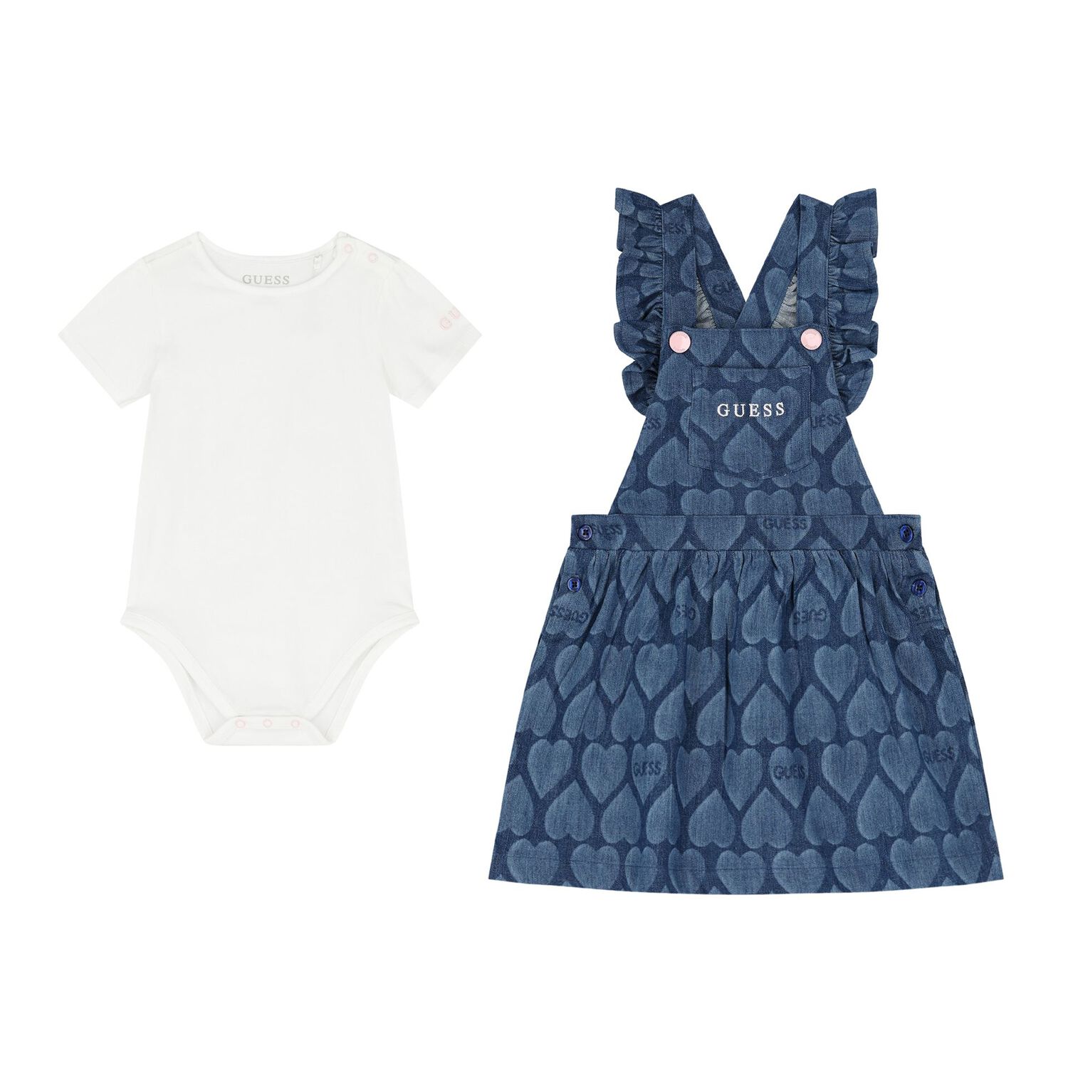 Younger Girls White & Denim Blue Logo Dungaree Set, 1, hi-res image number null