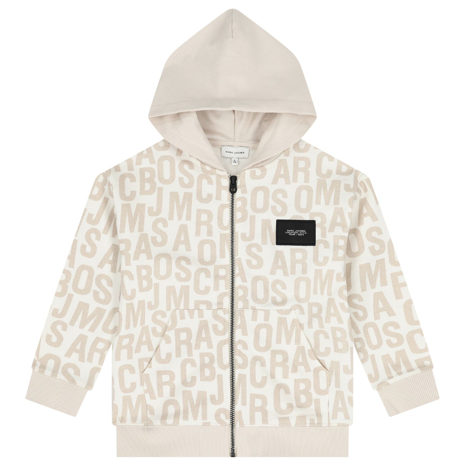 Boys White & Beige Logo Hooded Zip Up Top, 1, hi-res