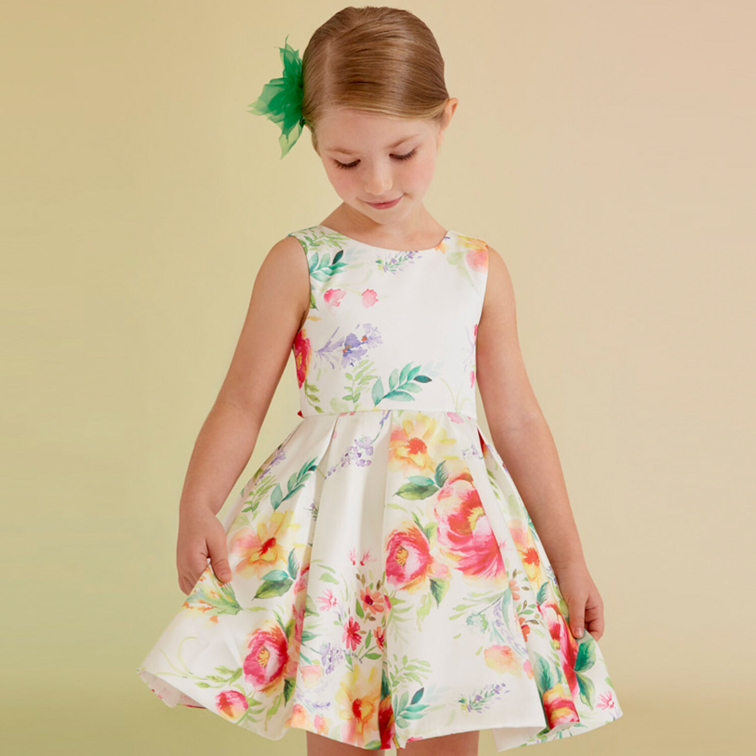 Girls Ivory Floral Satin Dress, 1, hi-res