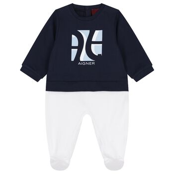 Baby Boys Navy Blue & White Logo Babygrow