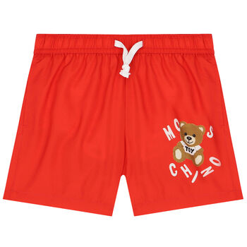 Boys Red Teddy Bear Logo Swim Shorts