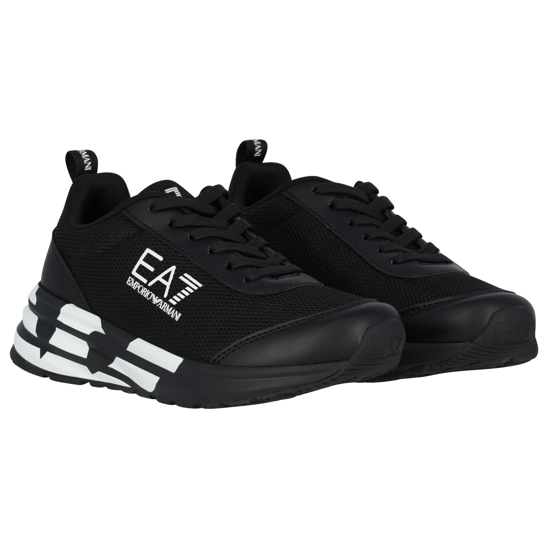 EA7 Emporio Armani Black White Logo Trainers Junior Couture UK