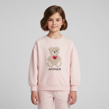 Girls Pink Teddy Bear Logo Sweatshirt, 2 Girls Pink Teddy Bear Logo Sweatshirt