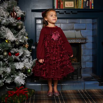 Girls Burgundy 3D Flower & Sequin Tulle Margot Dress