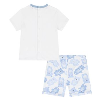 Baby Boys White & Blue Teddy Bear Shorts Set