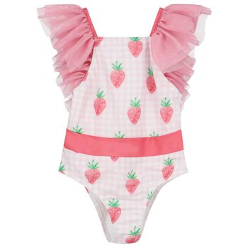 Girls White & Pink Gingham Strawberries Swimsuit