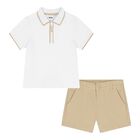 Baby Boys White & Beige Logo Shorts Set, 1, hi-res
