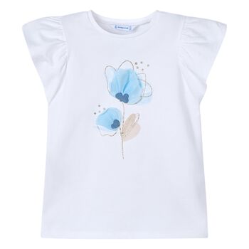 Girls Ivory Cotton & Blue Floral Print T-Shirt