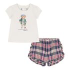 Baby Girls Ivory, Pink & Blue Tartan Polo Bear Shorts Set, 1, hi-res