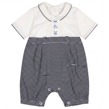 Baby Boys White & Navy Blue Striped Romper