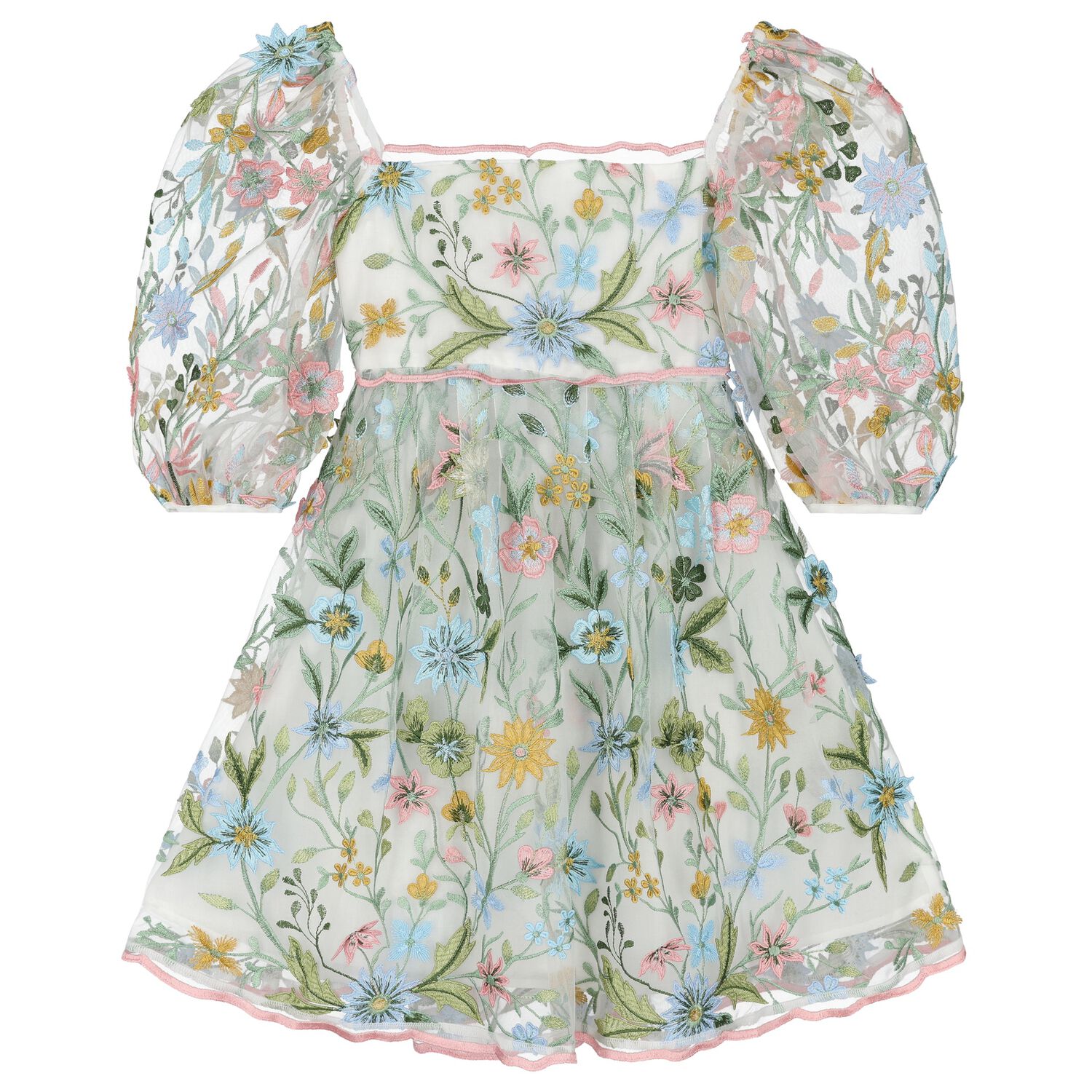 Girls White & Green Embroidered Tulle Dress, 1, hi-res