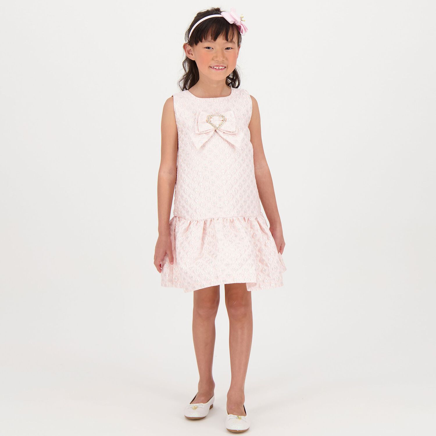 Girls Pink Jacquard Flower Dress, 1, hi-res