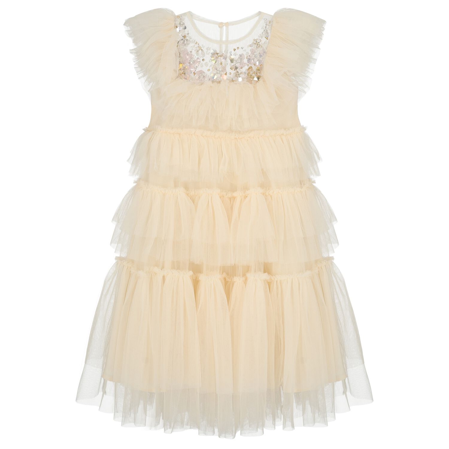 Girls Beige Sequin Tulle Dress, 1, hi-res