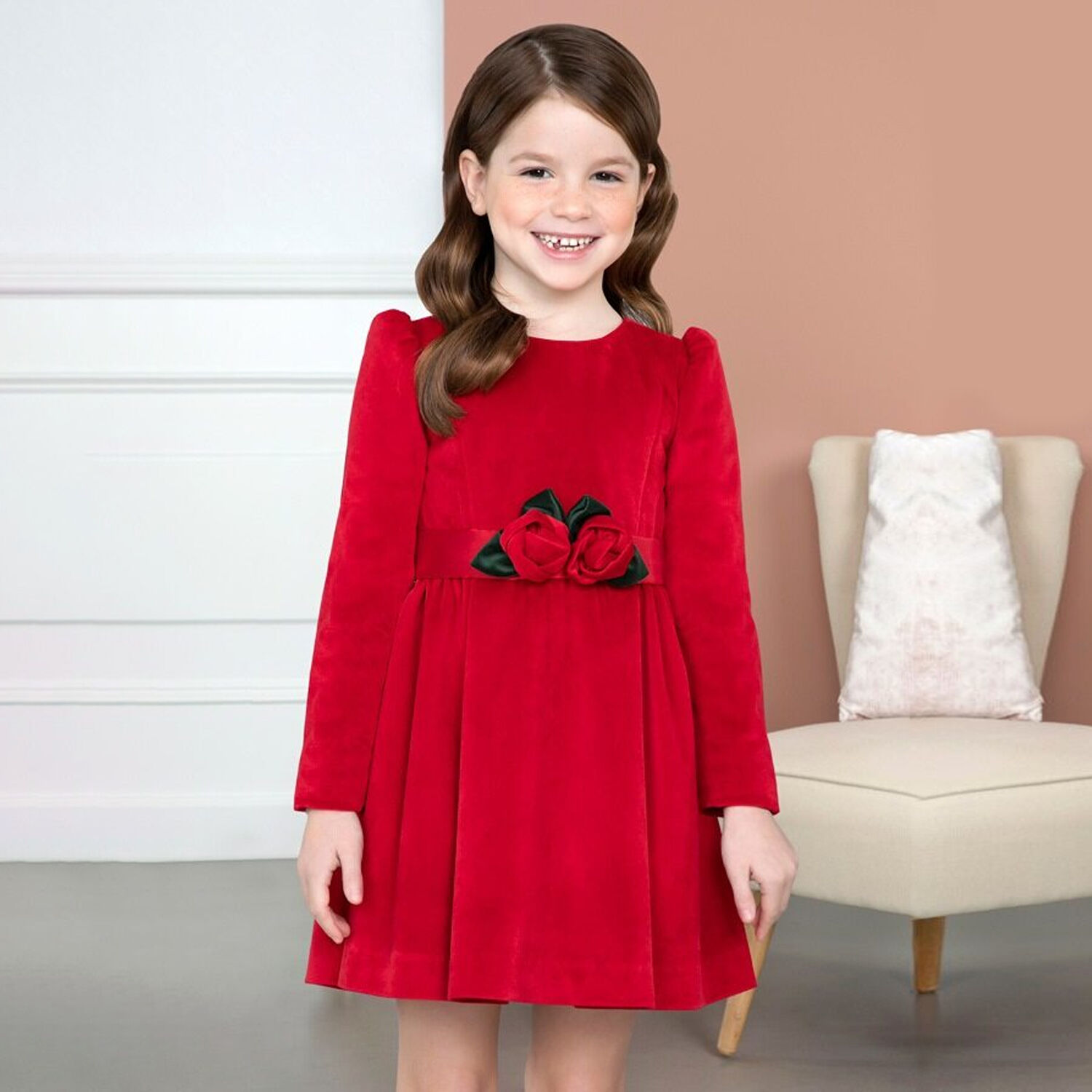 Girls Red Velvet Dress, 1, hi-res