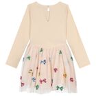 Girls Beige Bow Tulle Dress, 1, hi-res