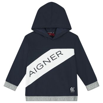 Boys Navy Blue & White Logo Hooded Top