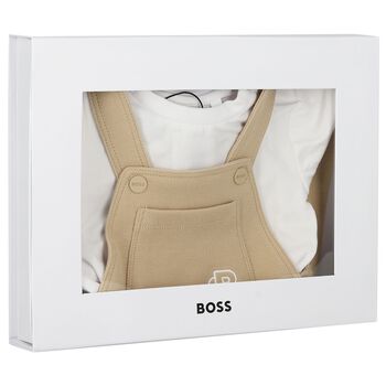 Baby Boys Beige & White Logo Dungaree Set