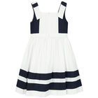 Girls White & Navy Blue Bow Dress, 1, hi-res