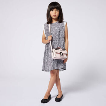 Girls White & Black Logo Pleated Dress