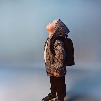Younger Boys Black, Beige & White Checked Hooded Zip Up Top
