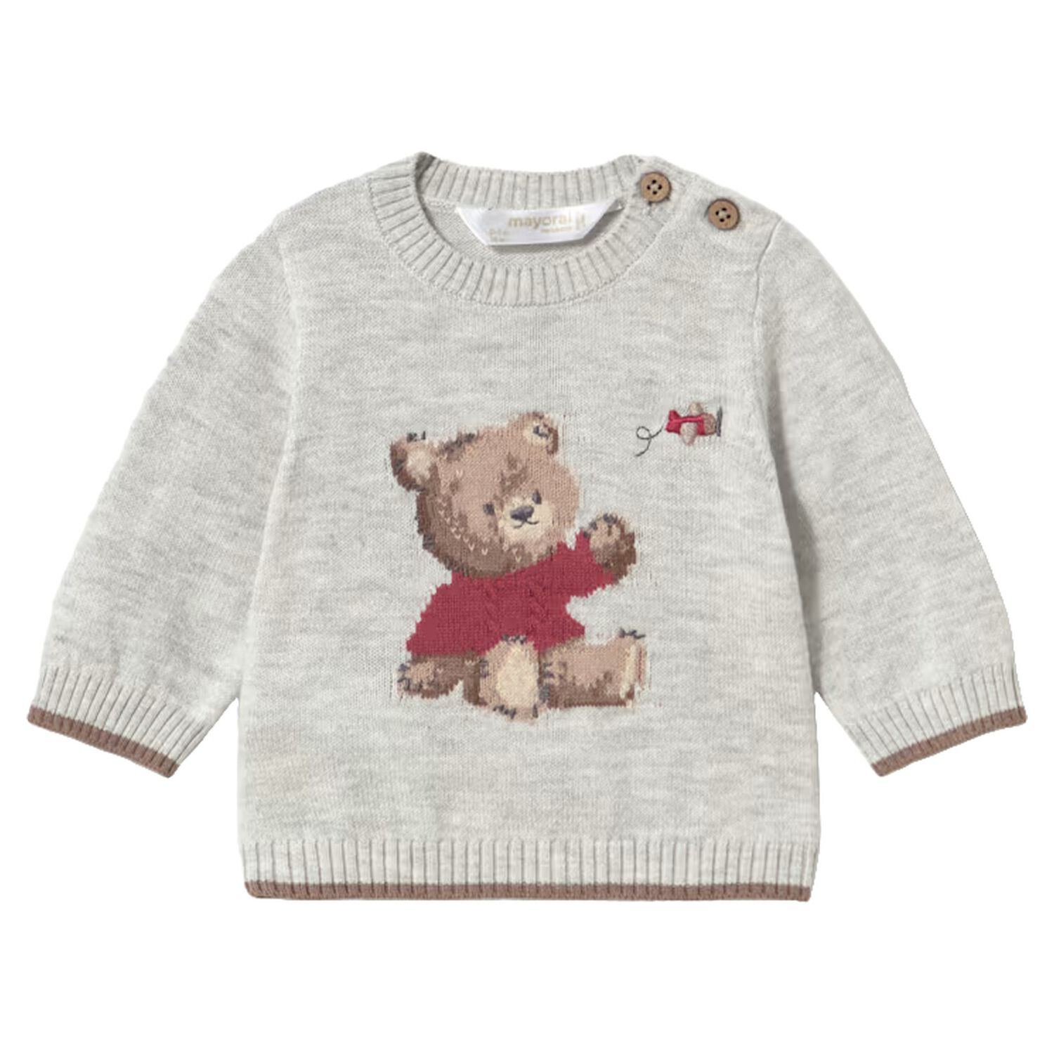 Baby Boys Grey Teddy Bear Knitted Jumper, 1, hi-res