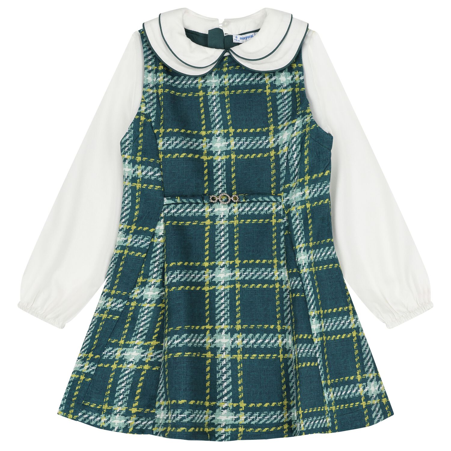 Girls Green & White Pinafore Dress, 1, hi-res