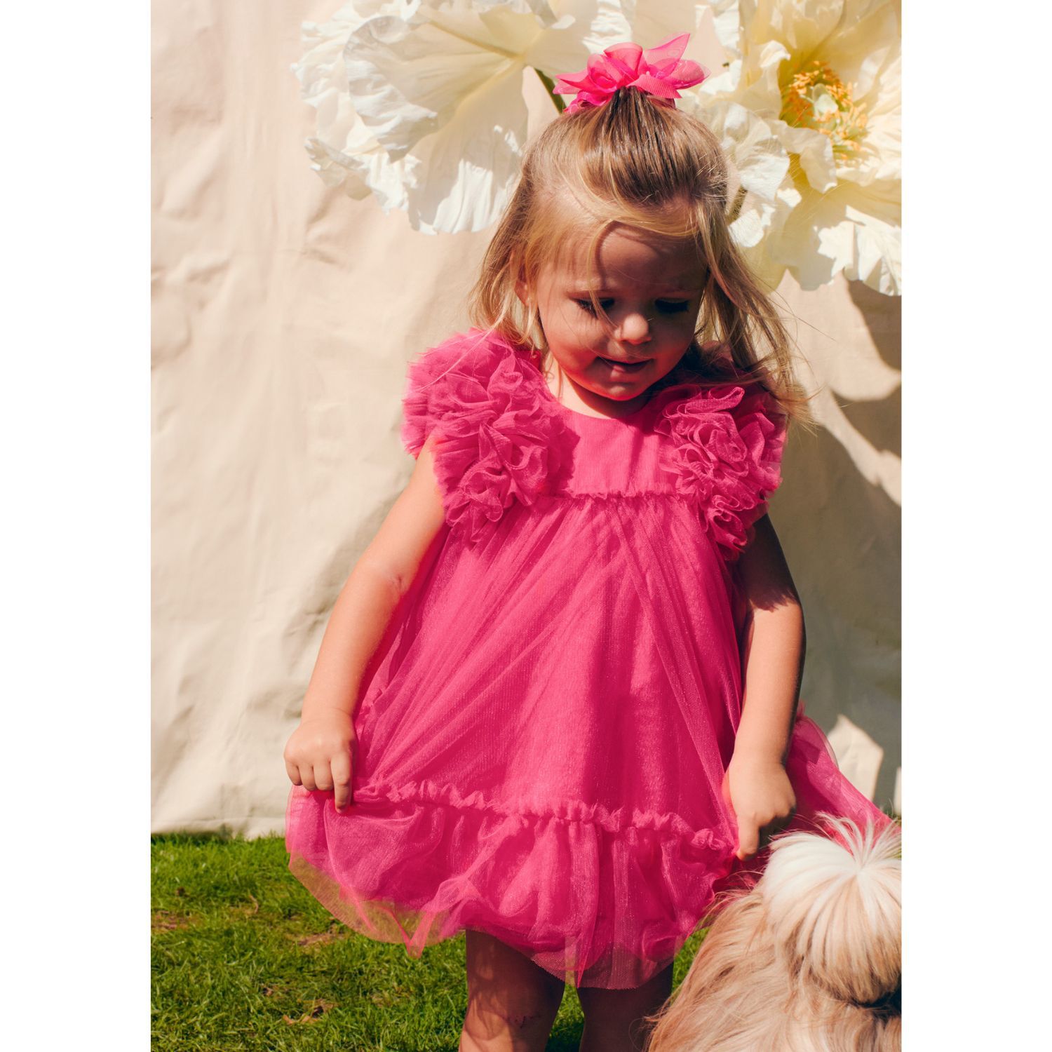 Younger Girls Red Ruffled Tulle Dress, 1, hi-res