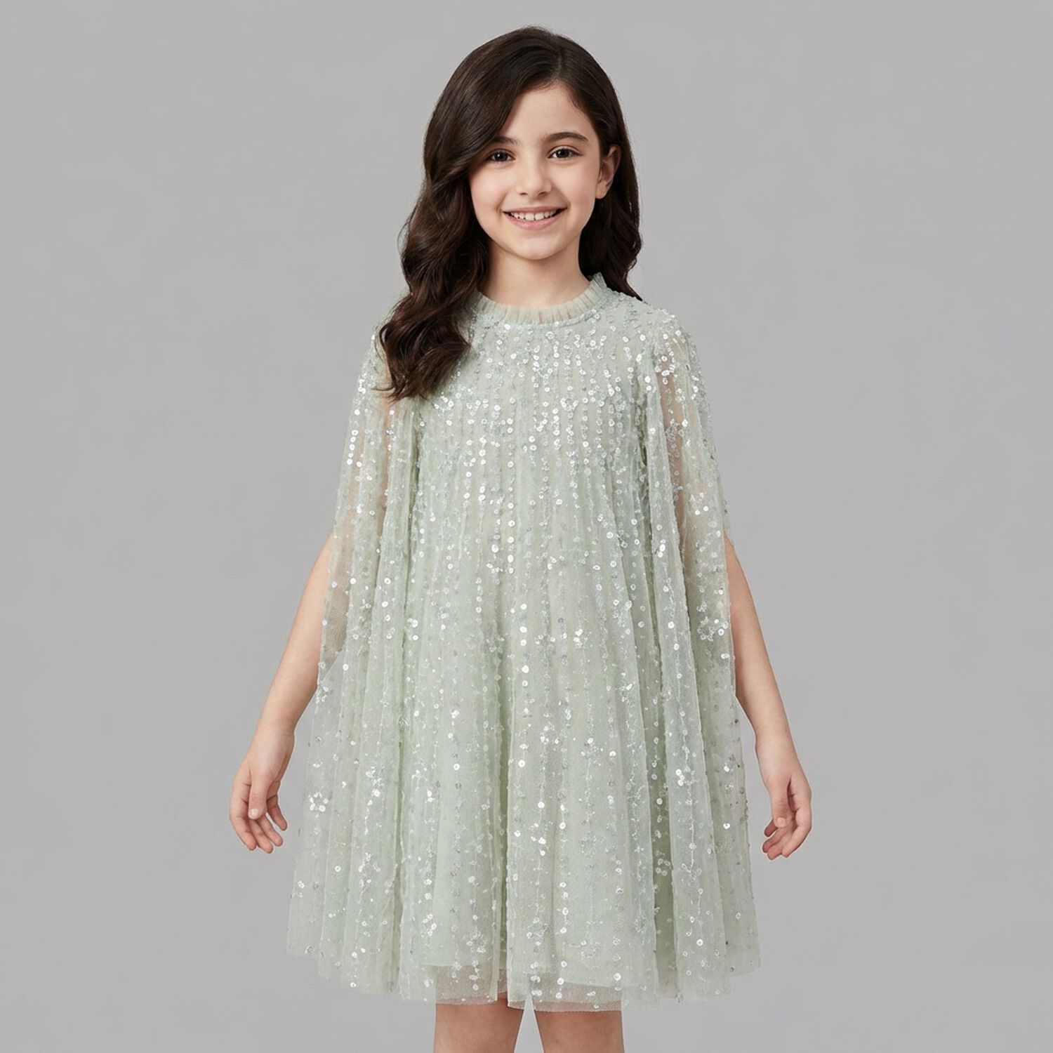 Girls Green Sequin & Star Tulle Cape Dress, 1, hi-res