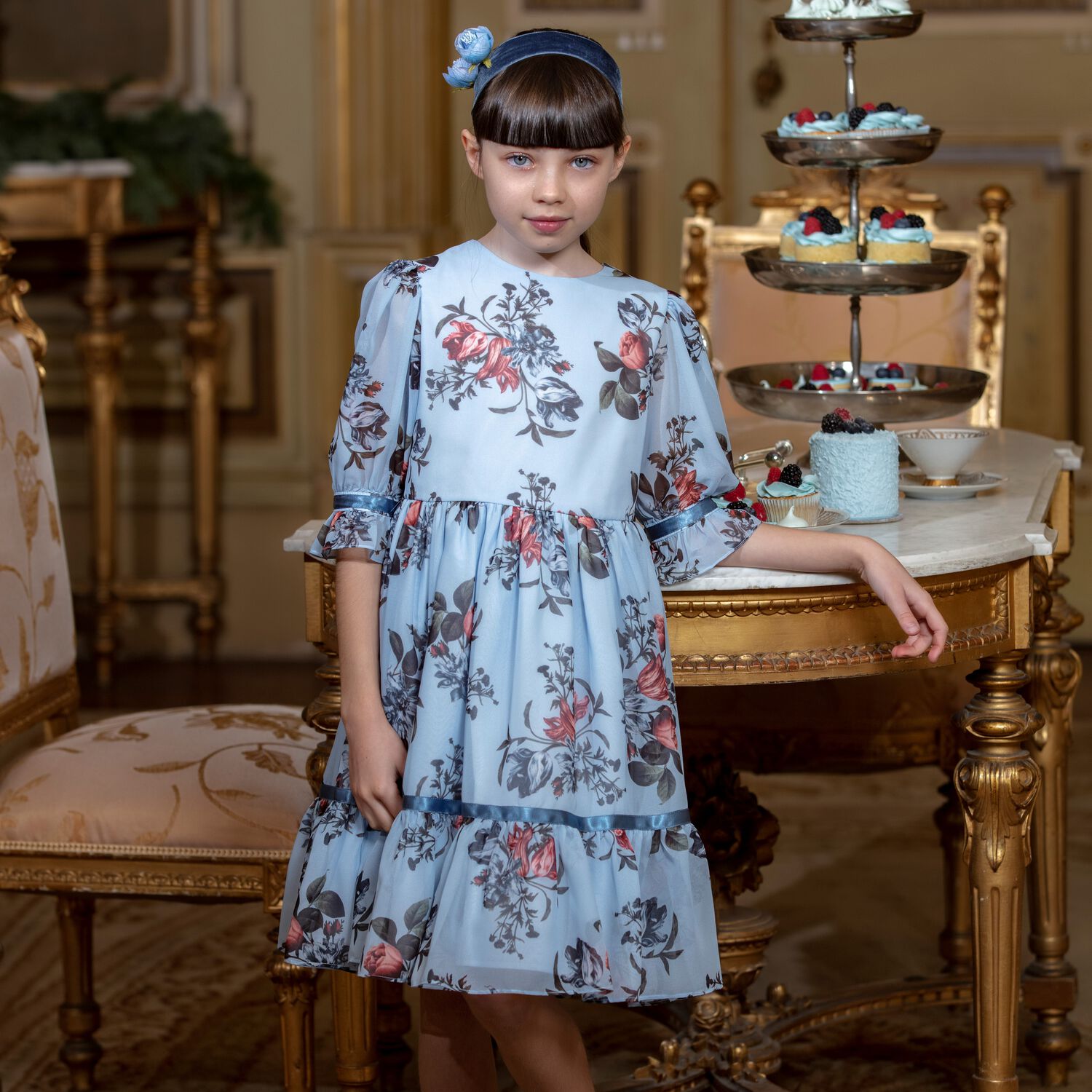 Girls Blue Floral Chiffon Dress, 1, hi-res