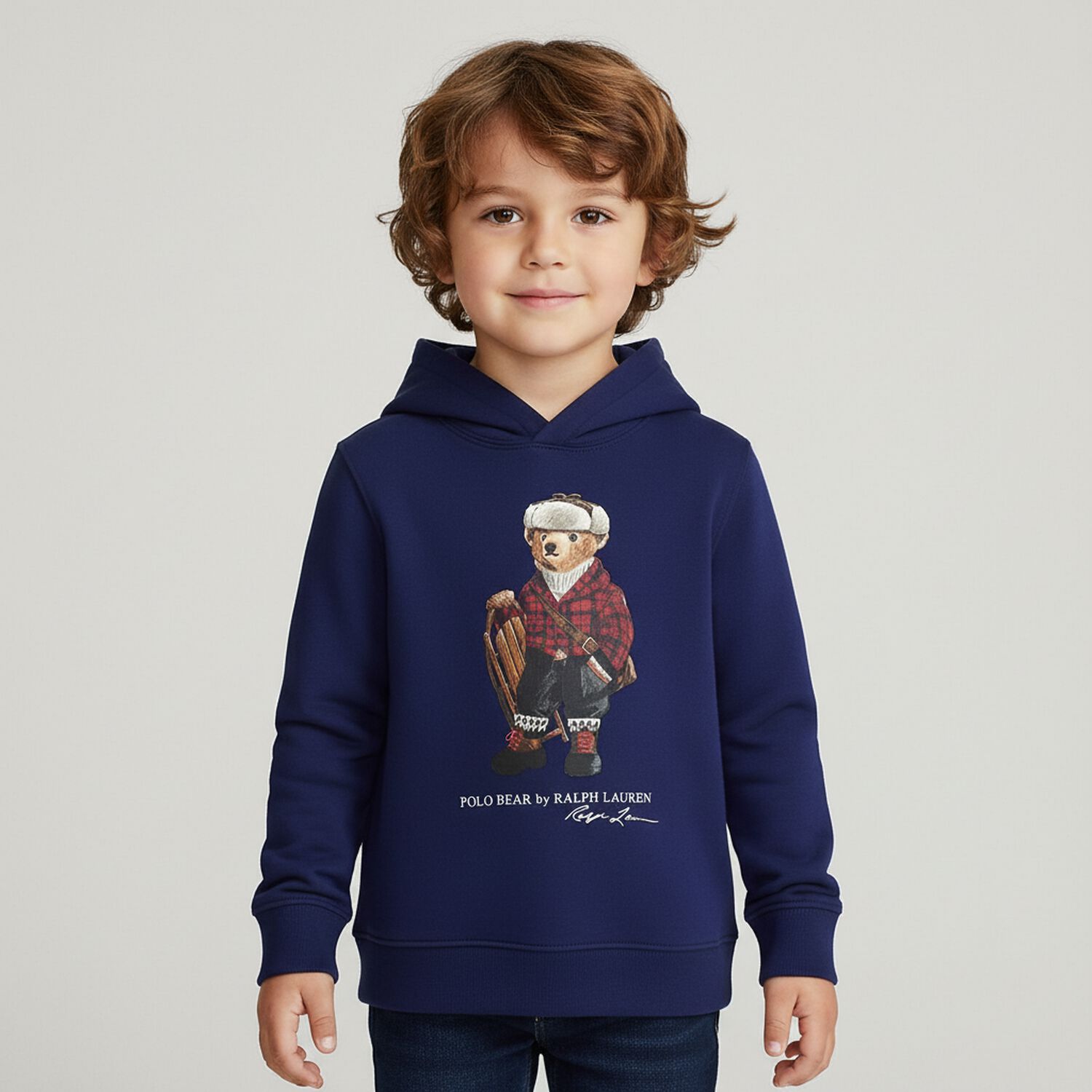 Boys Blue Polo Bear Logo Hooded Top, 1, hi-res