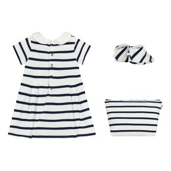 Baby Girls White & Navy Blue Striped Dress Set 