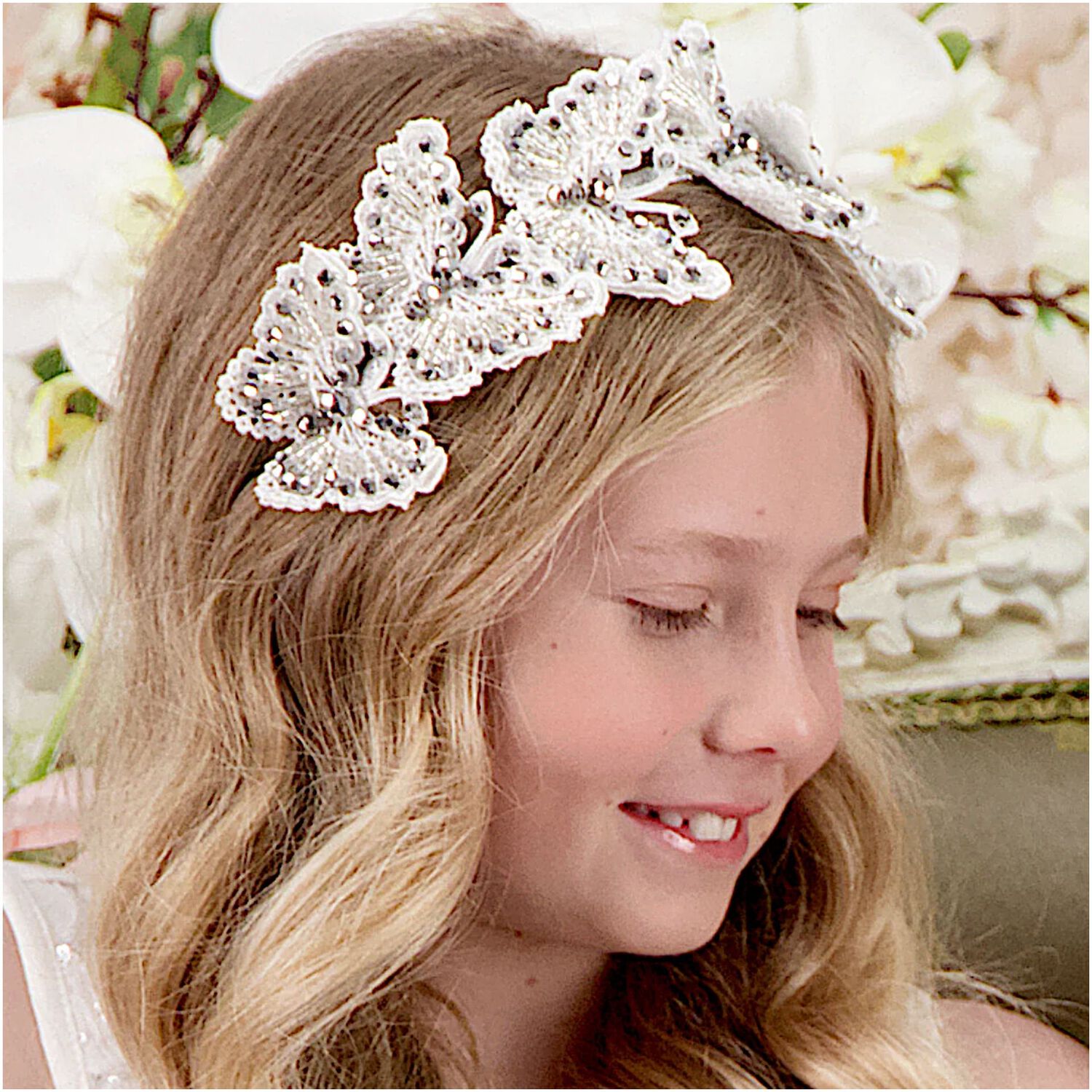  Girls White & Silver Butterfly Headband, 1, hi-res image number null