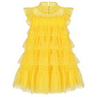 Girls Yellow Embellished Tiered Tulle Dress, 3, hi-res