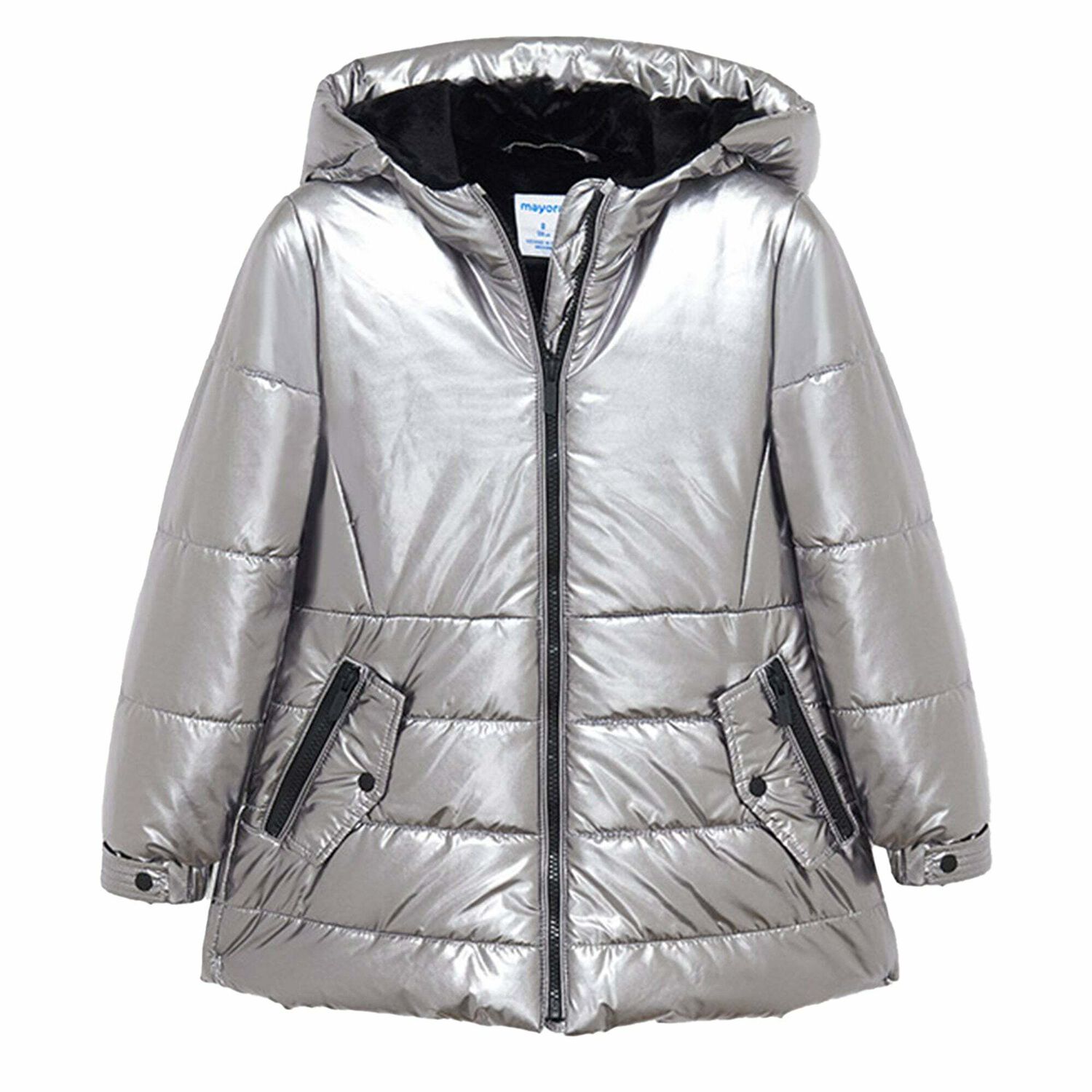 Girls Silver Puffer Jacket, 1, hi-res