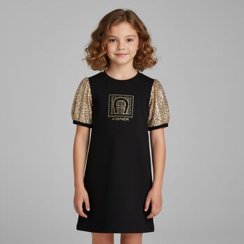 Girls Black & Gold Logo Dress, 1 Girls Black & Gold Logo Dress