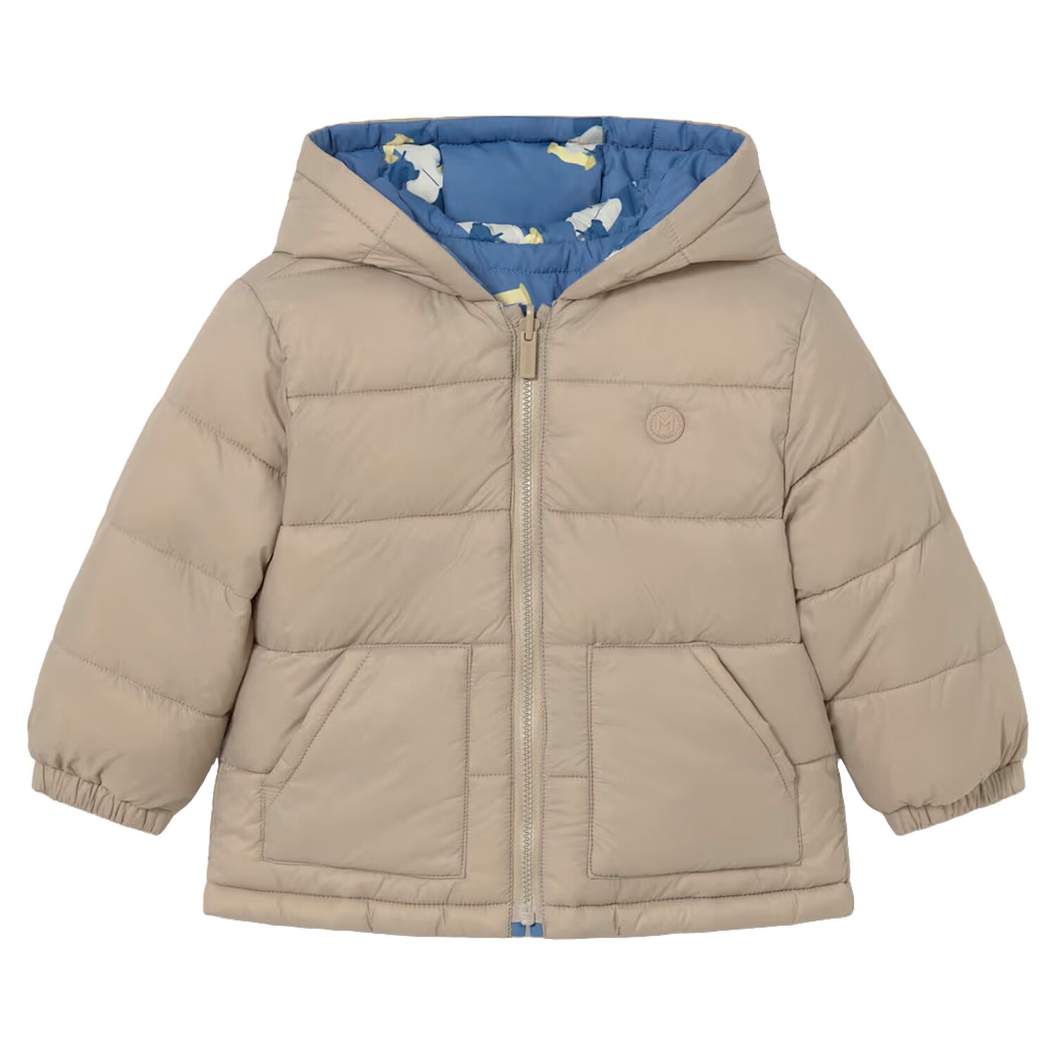 Younger Boys Beige & Blue Race Car Reversible Puffer Jacket, 1, hi-res