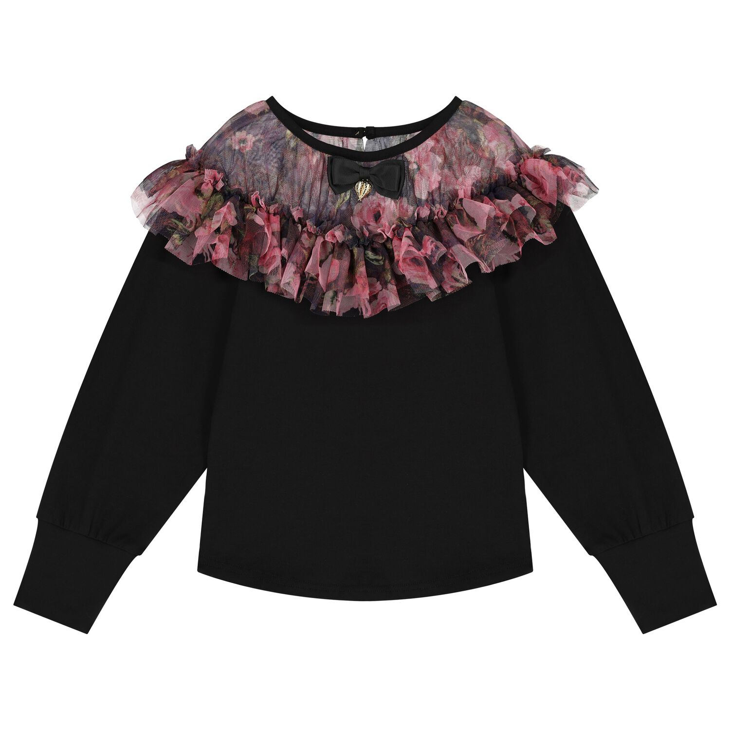 Girls Black Floral Long Sleeve Top, 1, hi-res