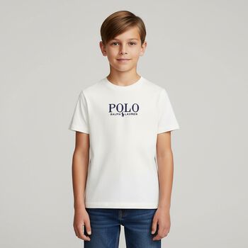 Boys White Cotton Polo Logo T-Shirt