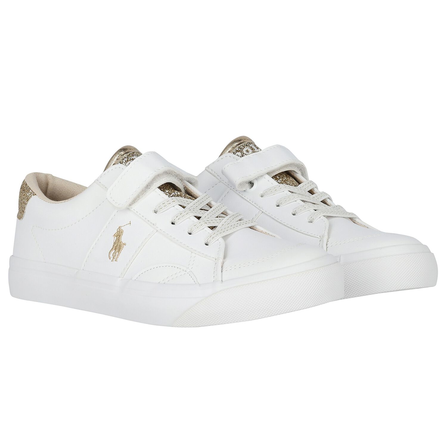 Girls White & Gold Logo Trainers, 1, hi-res