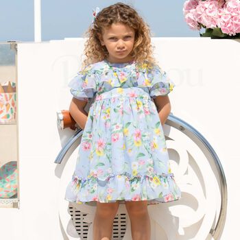 Younger Girls Blue Floral Chiffon Dress