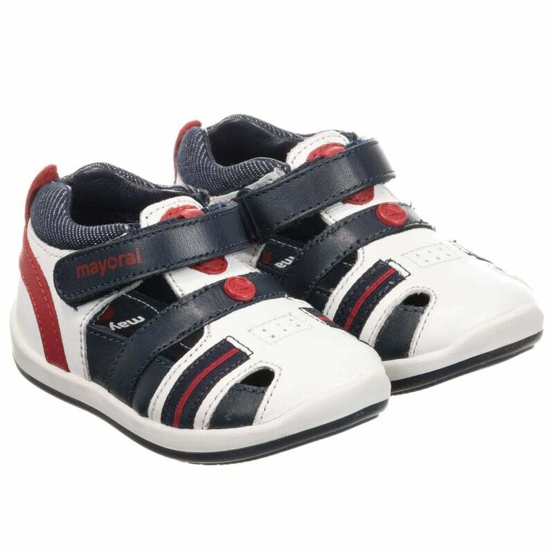 Younger Boys White & Navy Blue Leather Shoes, 1, hi-res image number null