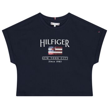 Girls Navy Cotton Sequin Flag T-Shirt