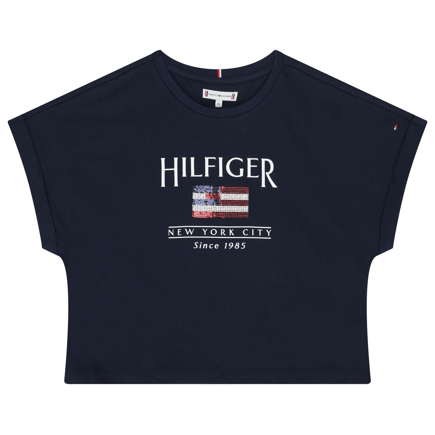 Girls Navy Cotton Sequin Flag T-Shirt, 1, hi-res image number null