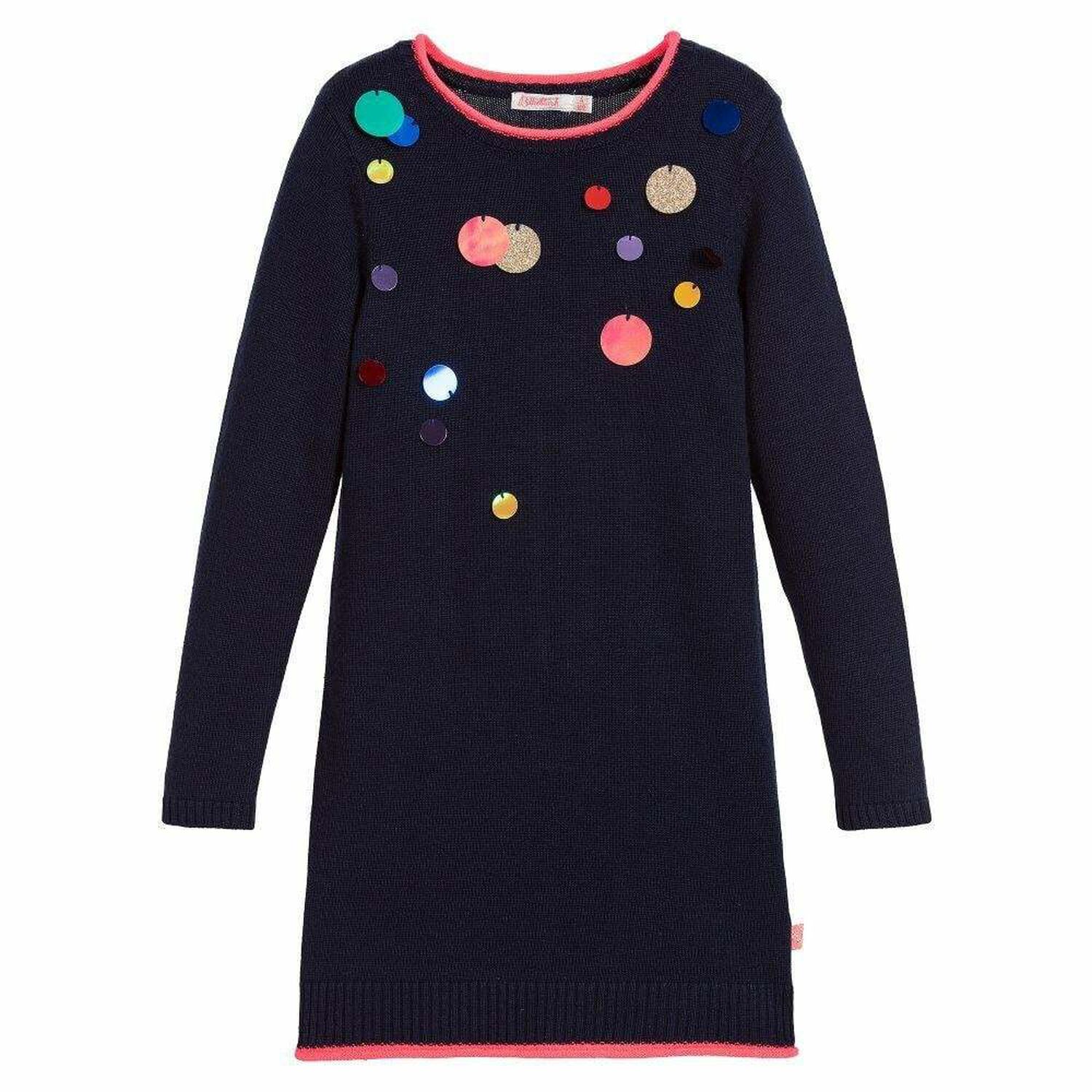 Girls Navy Blue Knitted Dress, 1, hi-res