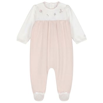 Baby Girls White & Beige Floral Babygrow