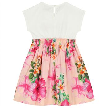 Girls Ivory & Pink Logo Floral Dress