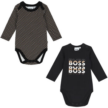 Baby Boys Black & Beige Logo Bodysuits ( 2 Pack )