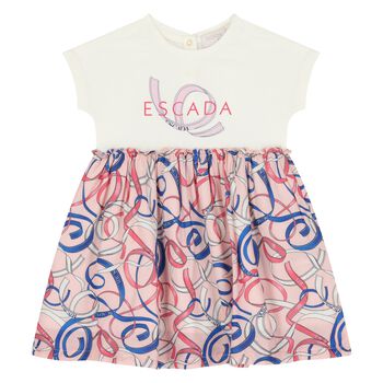 Younger Girls Ivory & Pink Ribbon Dress