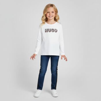 Girls White Logo Long Sleeve Top