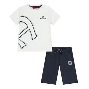 Youngers Boys White & Navy Blue Logo Shorts Set